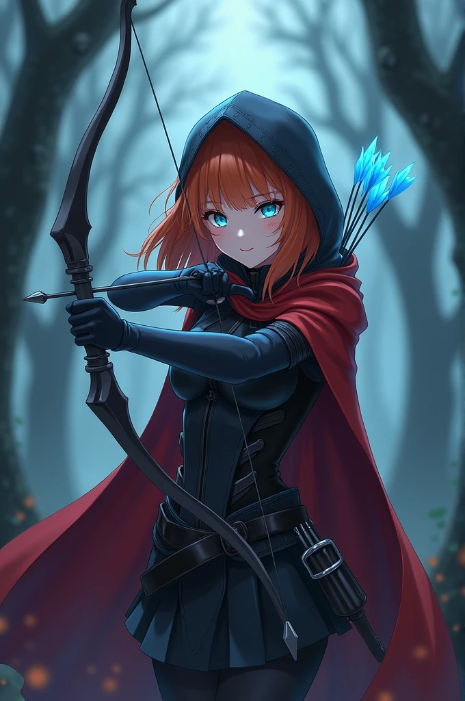 4K anime style quality, digital drawing mode, Gothic anime female character, medium orange hair, sharp dark blue eyes, wearing a dark hooded armor with red cloak with intricate patterns, holding a sleek bow with glowing blue arrows, Blur the background to create a three-dimensional effect, atmosphere, standing in a haunted forest with mist and ghostly trees, radiant skin, stealthy and vigilant expression, full body, dynamic pose, life size, perfect , detailed skin texture, full HD, 4K, HDR, perfect , depth of field.