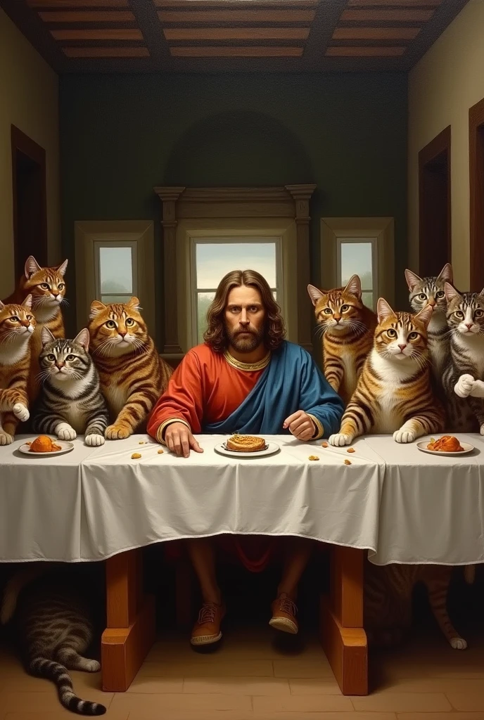 a reinterpretation of the painting of the Last Supper where EVERYONE IS A CATS EVERYONE IS A CAT CAT CAT CAT CAT NO PEOPLE CATS ONLY CATS EVEN JESUS BECAME A CAT THIS TABLE IS FULL OF CATS