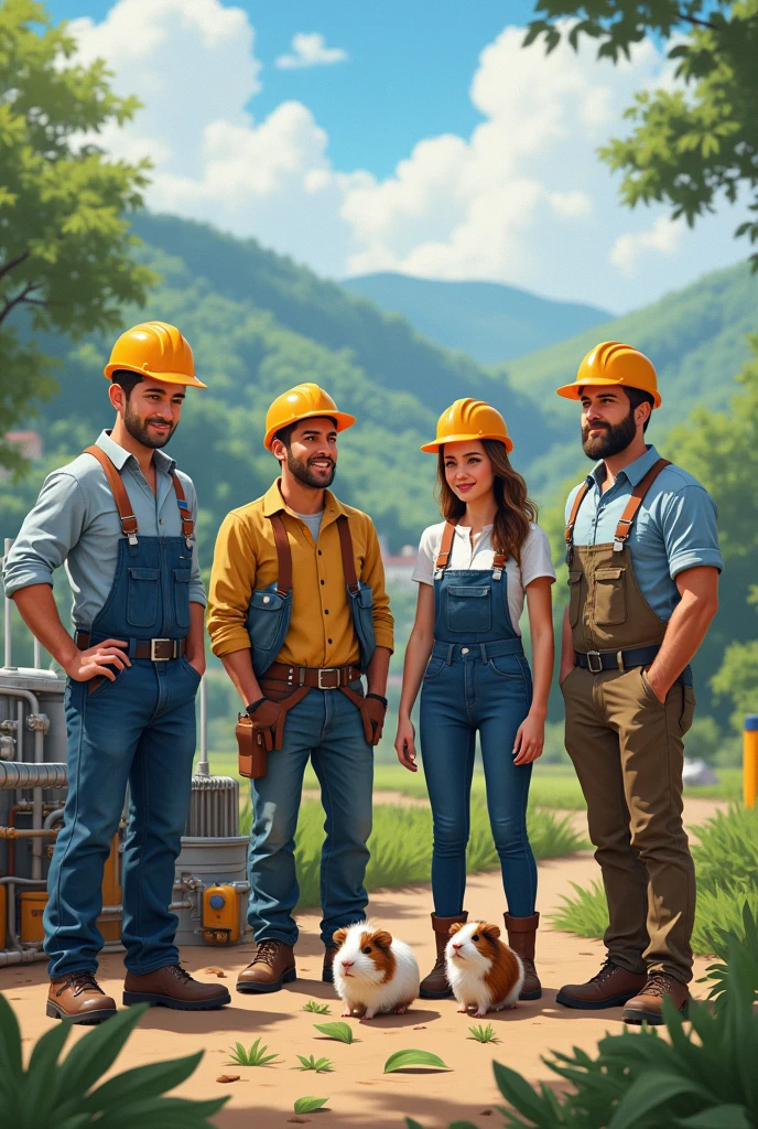 3 male engineers and 1 female engineer building a biogas system in a rural area with guinea pigs around them