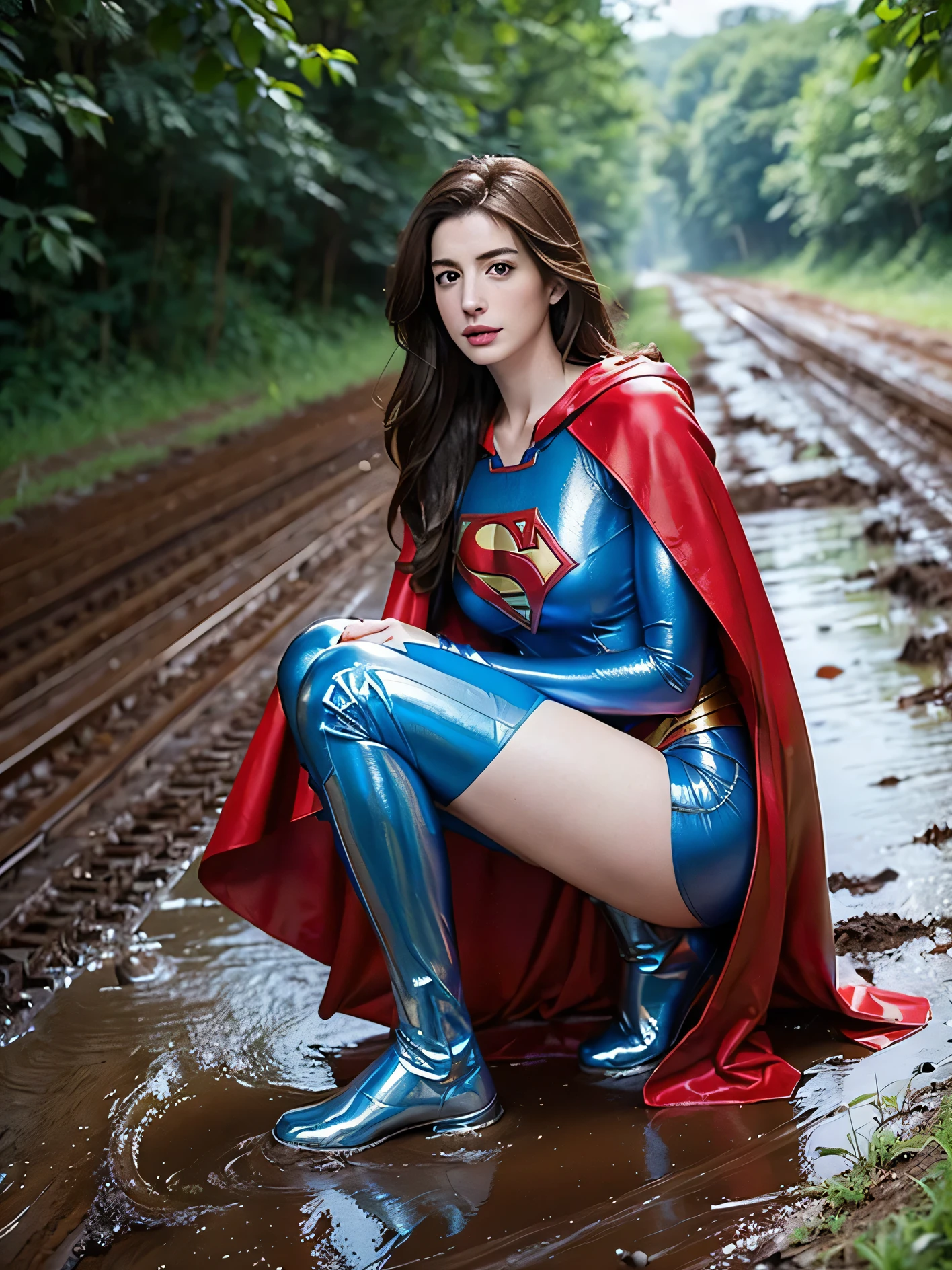 Anne Hathaway has long brown hair，White skin，Big breasts and butt，long legs，slender legs，Wearing a blue shiny full-coverage tight-fitting Superman suit，Red over-the-knee boots，red cloak，，Squatting on a muddy dirt road，Body facing the camera，Clothes covered with mud stains，Realistic style，full body picture