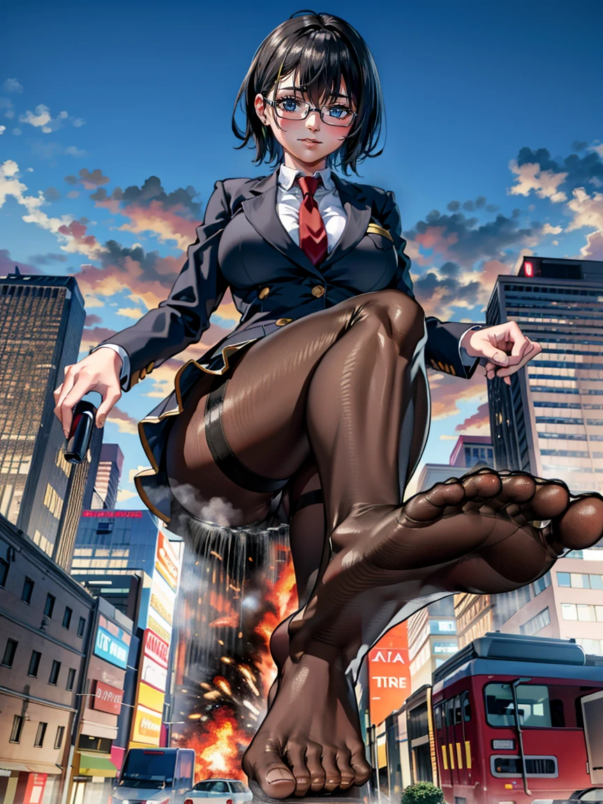 Giant art, highly detailed Giant shots, Giant, Two legs, Five Fingers, short hair, giant high school girl taller than skyscrapers, Wear rimless glasses, smile, Big Breasts, Navy Blazer, Red tie, mini skirt, Black Pantyhose, Black Pantyhose, No shoes, toes visible through pantyhose, Steam is coming out of the soles of the feet, Destroy a city, a very small big city, Miniature metropolis, Description of the whole body, GTS, giga Giant, Stomping City, Crush City, Small Town, Micro City, Pantyhose Legs, High resolution, Highest quality, masterpiece, urination, A city polluted with urine, Peeing on your own