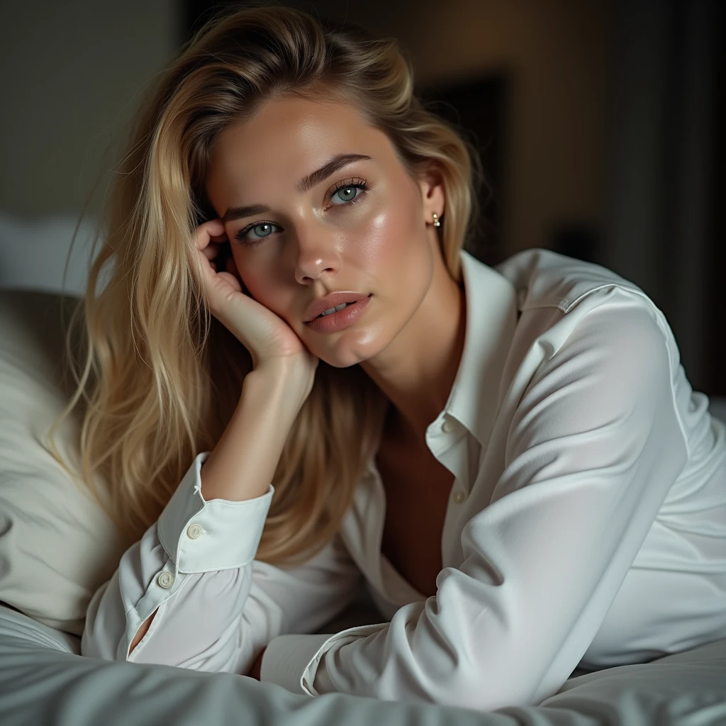 A beautiful blonde woman is lying on the bed. She is wearing a white men's shirt and taking a selfie on a close up photo