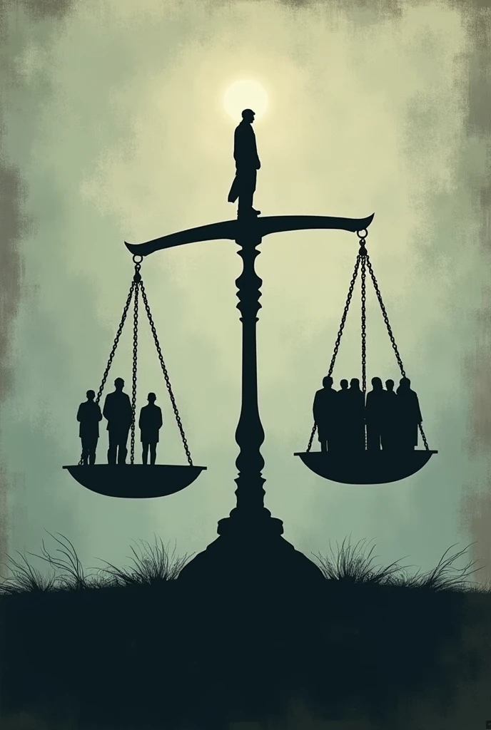 Create a dark, somber background image featuring a scale of justice with a shadowy, blurred silhouette of a person on one side and a group of people on the other. The image should convey a sense of weighing heavy ethical decisions, with muted tones and subtle gradients to evoke a serious and contemplative mood. Include a faint, distressed texture to highlight the gravity of the moral dilemmas being considered