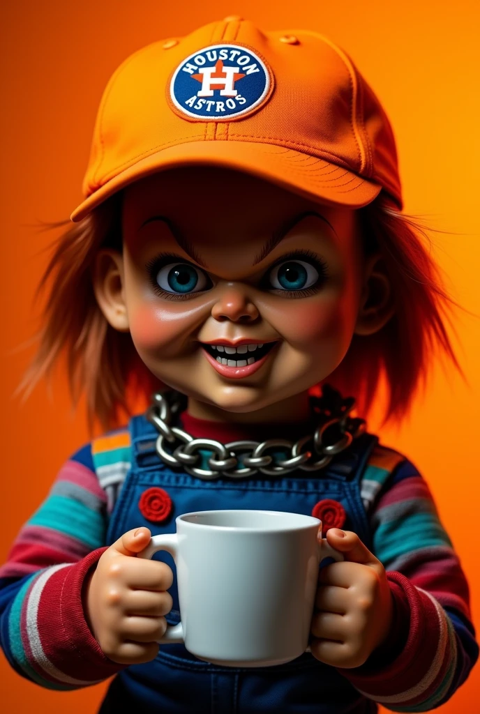 Chucky doll with orange Houston Astros cap, with chains around his neck holding a white double cup, orange background in the image