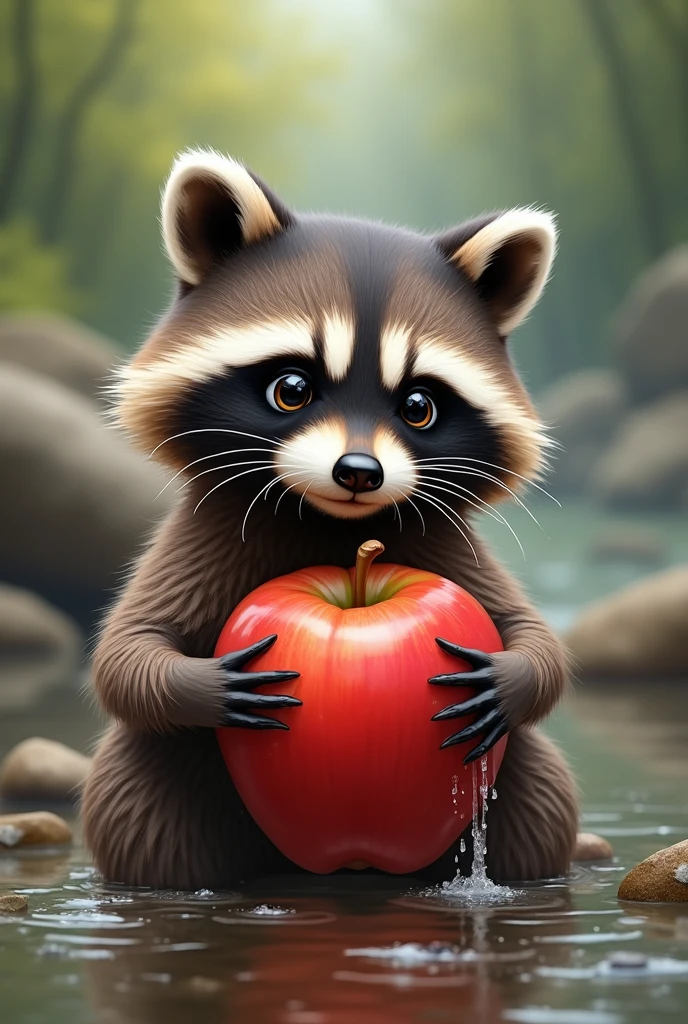a raccoon washing an apple
