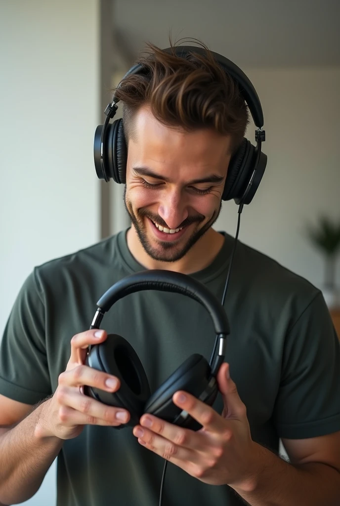 A young man praising his headphones