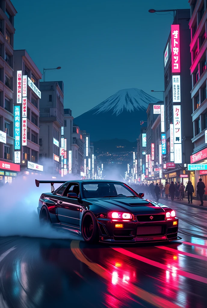can u make a nissan skyline r 34 with body kit in midnight city drifting fuji mountain in japan with neon under the car and wheels smoke and its midnight
