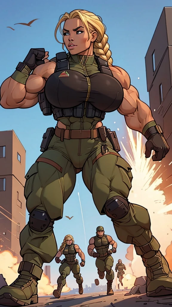 1girl, super soldier girl, coloured sketch, beautiful woman, blonde braided hair, extremely tanned, wearing special forces military suit, tactical vest, strong well defined muscle, bulky powerful bodybuilder physique, great muscle definition, perfect muscular body, massive muscular thighs, perfect round fake breasts, running in the mid of the battle, explosions,