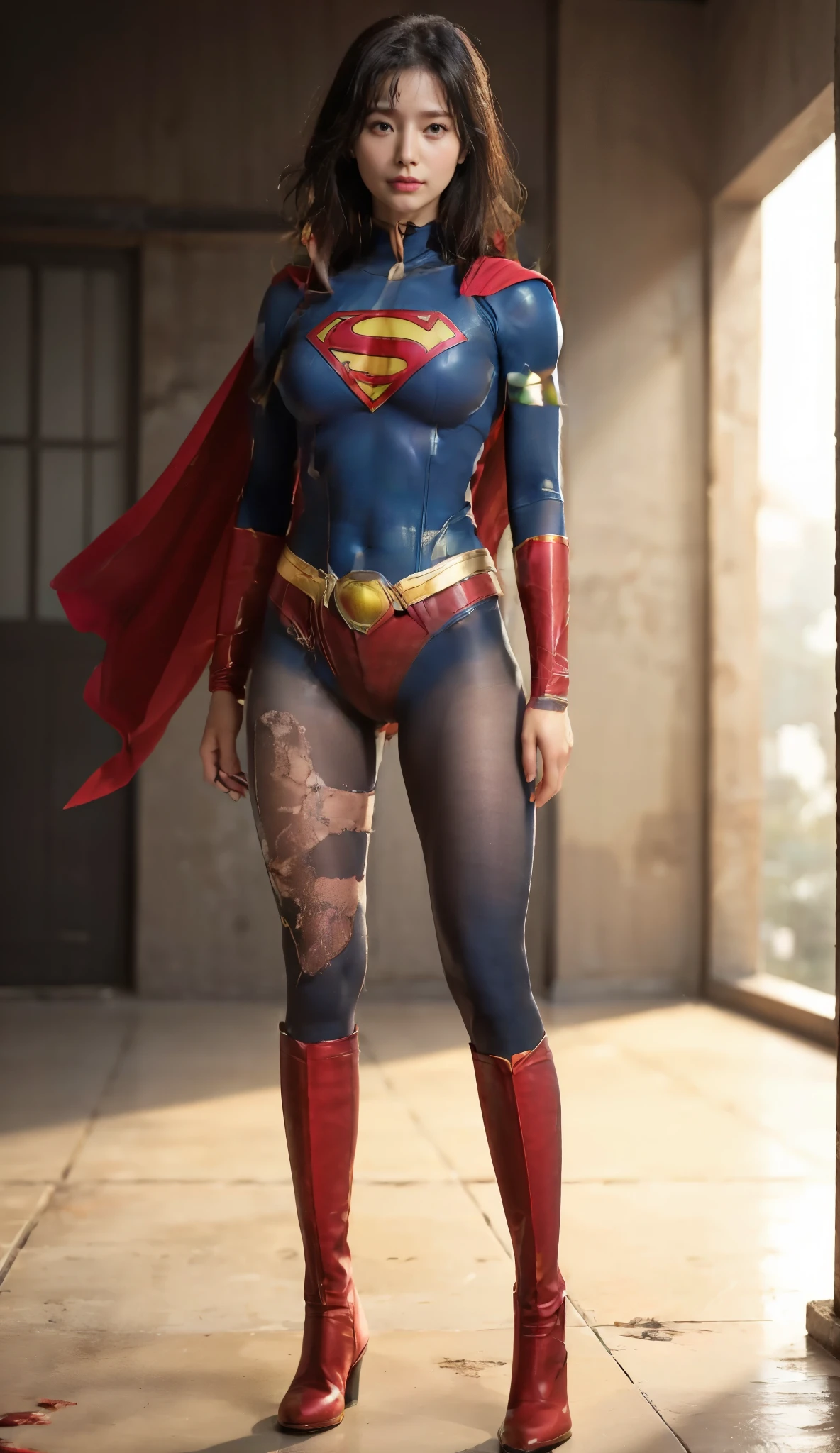 No background、(((Always close your eyes)))、(((Beautiful legs in black tights.)))、(((Legalize the beauty of your suffering face)))、((((Make the most of your original images)))、(((Supergirl Costume)))、(((Beautiful Hair)))、(((suffering)))、(((Please wear black tights....、Wear red boots)))、((Best image quality、8k))、((Highest quality、8k、masterpiece:1.3))、(((Preserve background )))、Sharp focus:1.2、Beautiful woman with perfect figure:1.4、Slim Abs:1.2、Wet body:1.5、Highly detailed face and skin texture、8k