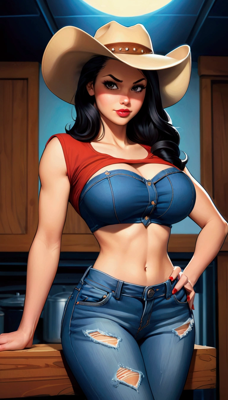 a woman in a cowboy hat and jeans posing for a photo, comic pinup style, artgerm and lois van baarle, cowgirl, Estilo Ivan Talavera e Artgerm, beautiful comic art, by Eugenio Granell, corpo pin-up, cowgirl, by Ric Nagualero, perfectly shaded body, digital comic art