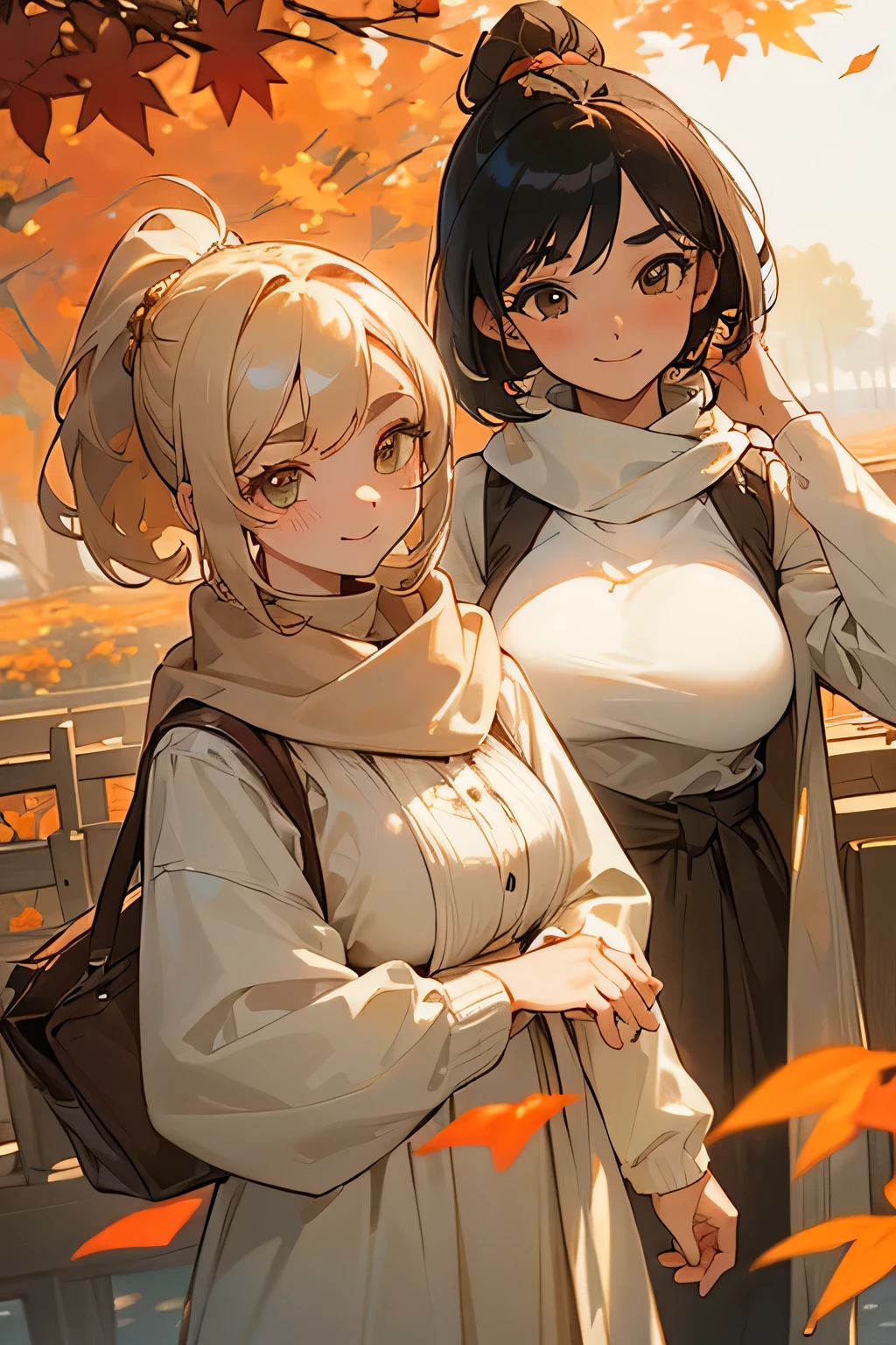 Highest quality、High resolution、Detailed Background、(Beautiful face in every detail:1.4)、Anatomically correct、(Normal number of fingers:1.2),Detailed facial expressions、Beautiful women in their 20s、(Huge breasts:1.2)、Perfect body line、Light color hair、ponytail、Braided bob cut、Cute hairstyle、well-groomed eyebrows、Cute Eye Makeup、Cute Lip Makeup、Cute gestures、Cowboy Shot、
(Two beautiful women with big smiles:1.5)、
As the cool autumn breeze blows、Pretty woman、Autumn leaves on wood々Standing against the backdrop of、
A soft mid-calf dress、Wearing a beige coat、Boots on your feet、A scarf is wrapped around the neck.、With both hands elegantly placed on the bag、wood々I am looking at the scenery dyed red and yellow.、
The woman's expression is calm and gentle.、It seems to blend into the autumn nature.、
As the sunlight shines softly、Women seem to be enjoying the tranquil atmosphere that is unique to this season to their heart's content.、
There、A woman feeling the comfortable arrival of autumn、An elegant and delicate appearance emerges.、very beautiful