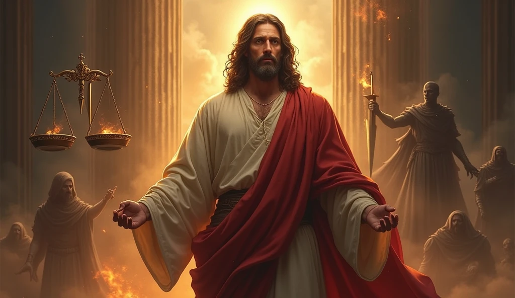 Create a dramatic and evocative image of Jesus in connection with Psalm 7. Depict Jesus as a righteous judge, standing firm against the forces of evil and injustice. The scene should capture the essence of divine judgment and protection, with Jesus surrounded by an aura of justice and truth. In the background, include symbolic elements such as scales of justice, a blazing sword of righteousness, or a looming dark figure representing the wicked being brought to account. The atmosphere should be intense, with dynamic lighting that highlights the contrast between light and darkness, good and evil. The overall image should convey a sense of divine justice, protection for the innocent, and the triumph of righteousness, reflecting the themes of Psalm 7