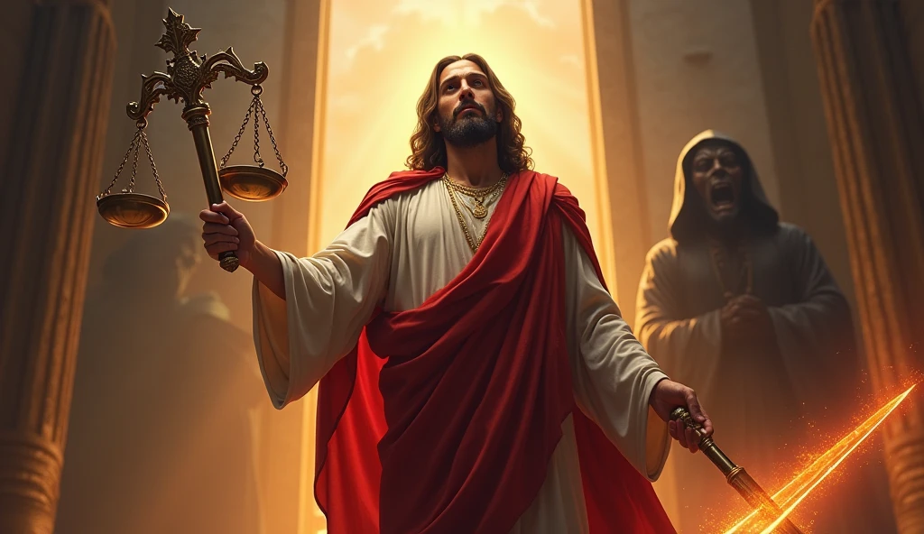 Create a dramatic and evocative image of Jesus in connection with Psalm 7. Depict Jesus as a righteous judge, standing firm against the forces of evil and injustice. The scene should capture the essence of divine judgment and protection, with Jesus surrounded by an aura of justice and truth. In the background, include symbolic elements such as scales of justice, a blazing sword of righteousness, or a looming dark figure representing the wicked being brought to account. The atmosphere should be intense, with dynamic lighting that highlights the contrast between light and darkness, good and evil. The overall image should convey a sense of divine justice, protection for the innocent, and the triumph of righteousness, reflecting the themes of Psalm 7