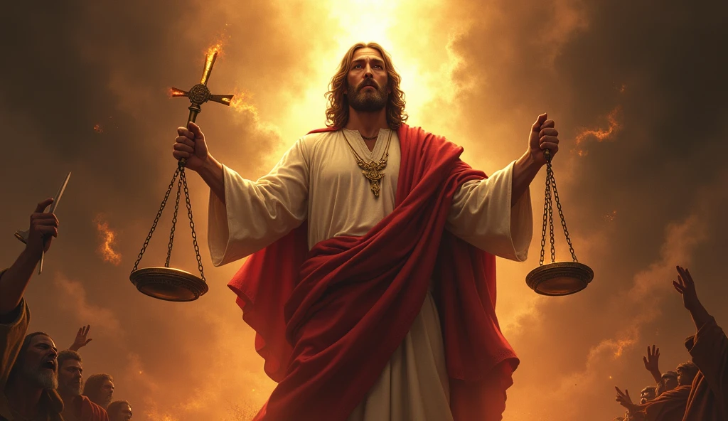 Create a dramatic and evocative image of Jesus in connection with Psalm 7. Depict Jesus as a righteous judge, standing firm against the forces of evil and injustice. The scene should capture the essence of divine judgment and protection, with Jesus surrounded by an aura of justice and truth. In the background, include symbolic elements such as scales of justice, a blazing sword of righteousness, or a looming dark figure representing the wicked being brought to account. The atmosphere should be intense, with dynamic lighting that highlights the contrast between light and darkness, good and evil. The overall image should convey a sense of divine justice, protection for the innocent, and the triumph of righteousness, reflecting the themes of Psalm 7