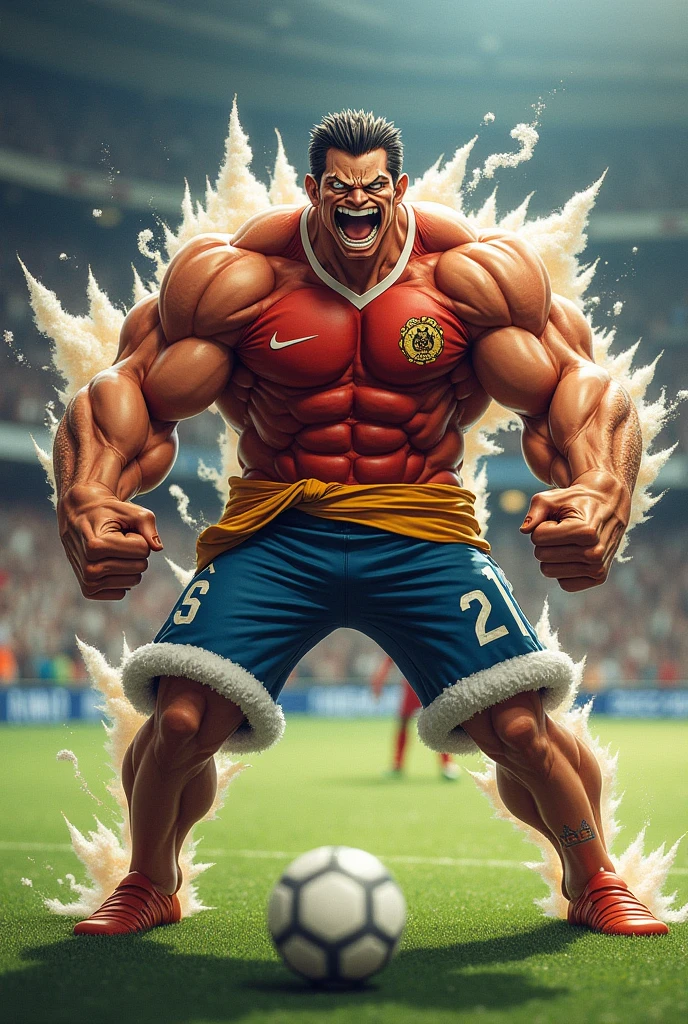 Hugo Souza, Corinthians player, in a celebratory pose after winning the penalty shootout, designed in the style of luffy's gear 4, main character of the anime one piece