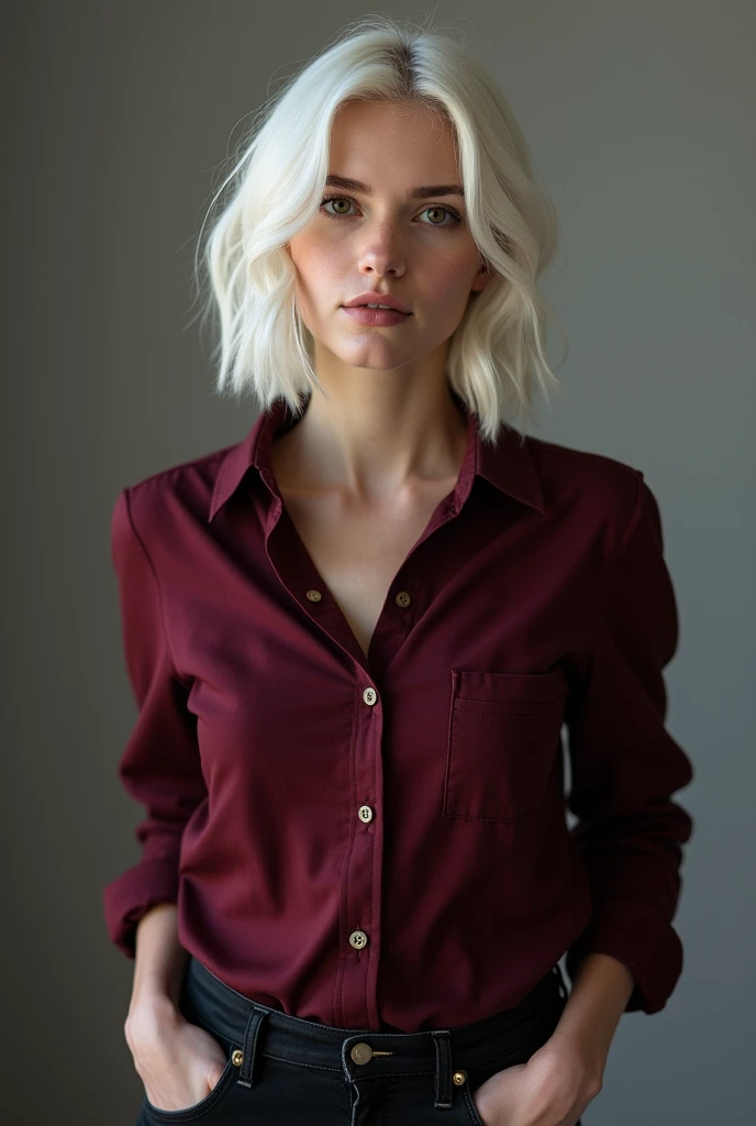 A woman of gentle demeanor with captivating brown eyes, her platinum white hair is the focus of the image. She is wearing black jeans with a burgundy button-down shirt., with the sleeves rolled up.