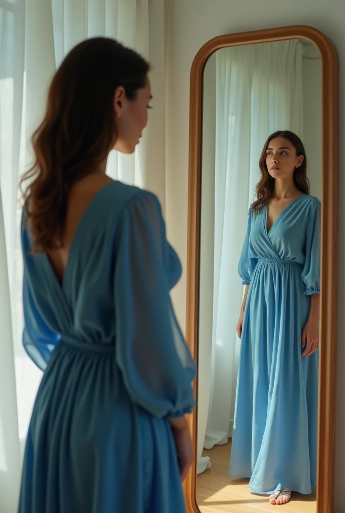 A woman standing in front of a large mirror looking at herself, thoughtfully, wearing a blue dress with long sleeves, covering her breasts, full body shot, realistic photography, photorealistic, HDR, sharp focus, professional, vivid colors, natural lighting