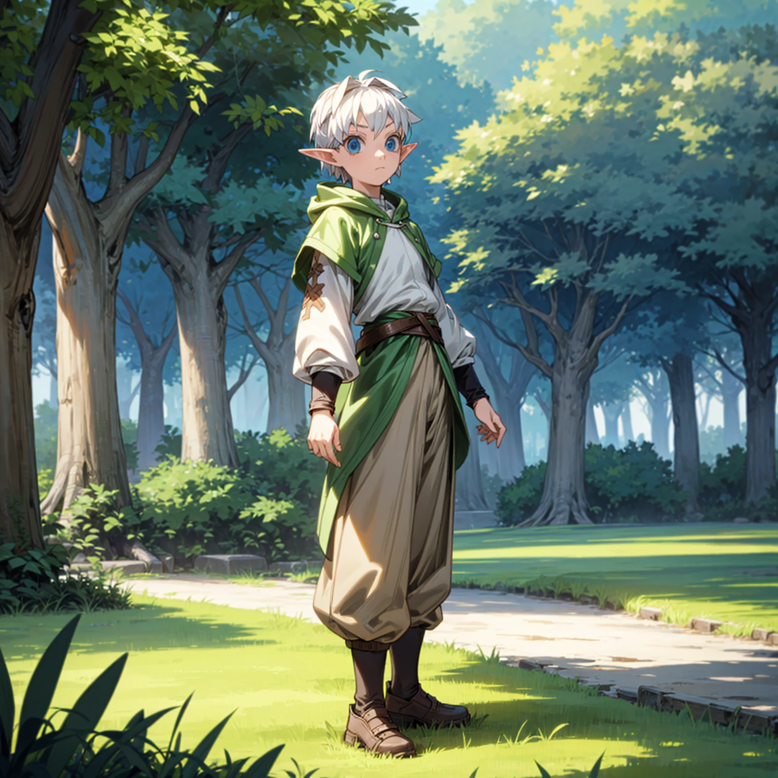 Solo character, full body version, kid boy, (elf), blue eyes, white color hair, undercut hair, Hoodie clothing, brown pants, shoes, outdoor, park, village, medieval, standing gesture, detailed background, detailed clothing, detailed hair, (Hunter x Hunter style art), straw hat