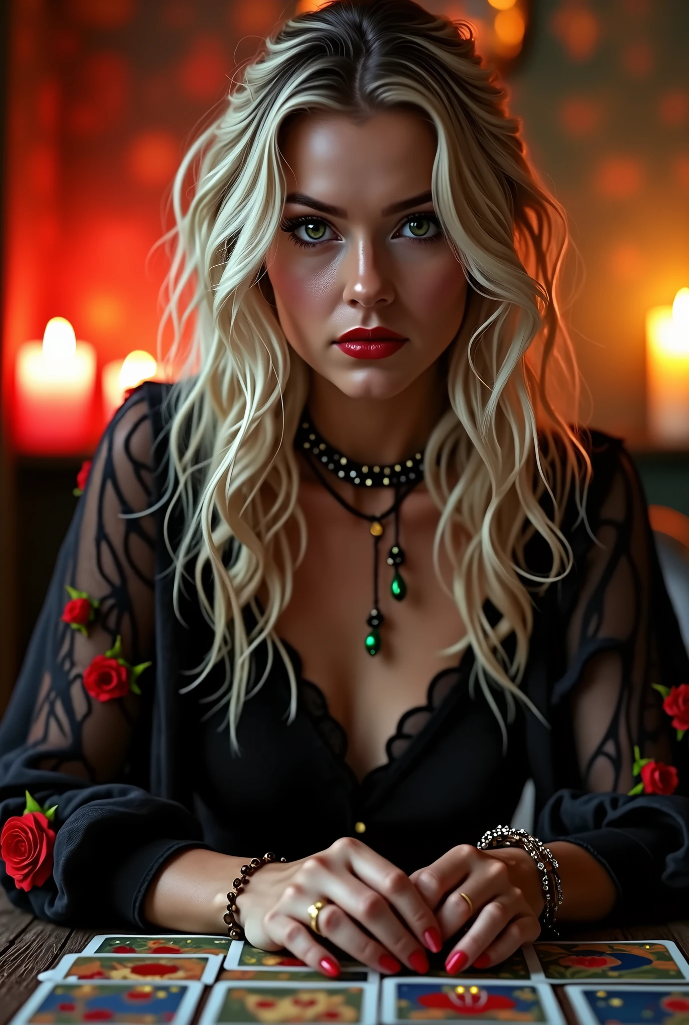 
Create a realistic 8K image of a Blonde Green Eyed Gypsy with an average age of 30 years old. She is very beautiful, elegant, charming and attractive with an intimidating posture. She is dressed in a black outfit adorned with red roses over her outfit playing tarot cards. The setting includes lit candles, creating a mystical atmosphere with vibrant and striking colors. The scene must have an atmosphere of mystery and charm, she needs to have her hands on the table focused on her cards, which are spread out on a table in front of her, the gypsy is looking directly at the camera, her posture is straight towards the camera