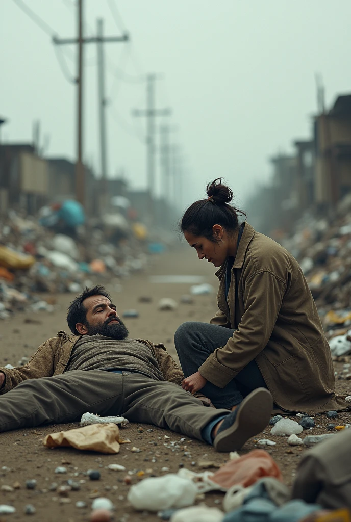 Man passed out in a dump and a homeless woman/homeless woman helping him without buildings without mountains of garbage and without BUILDINGS