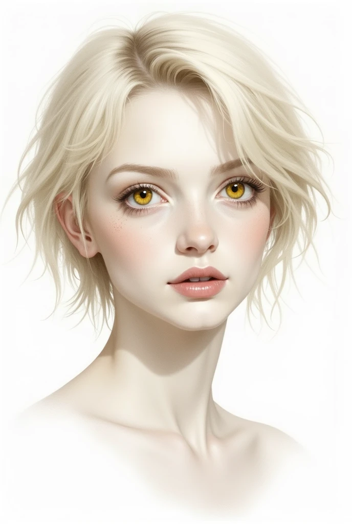 Create multiple versions of expressions on a white blonde woman with yellow eyes and short hair (Realistic drawing style)
