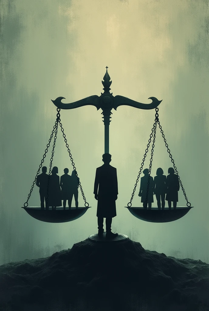 Create a dark, somber background image featuring a scale of justice with a shadowy, blurred silhouette of a person on one side and a group of people on the other. The image should convey a sense of weighing heavy ethical decisions, with muted tones and subtle gradients to evoke a serious and contemplative mood. Include a faint, distressed texture to highlight the gravity of the moral dilemmas being considered