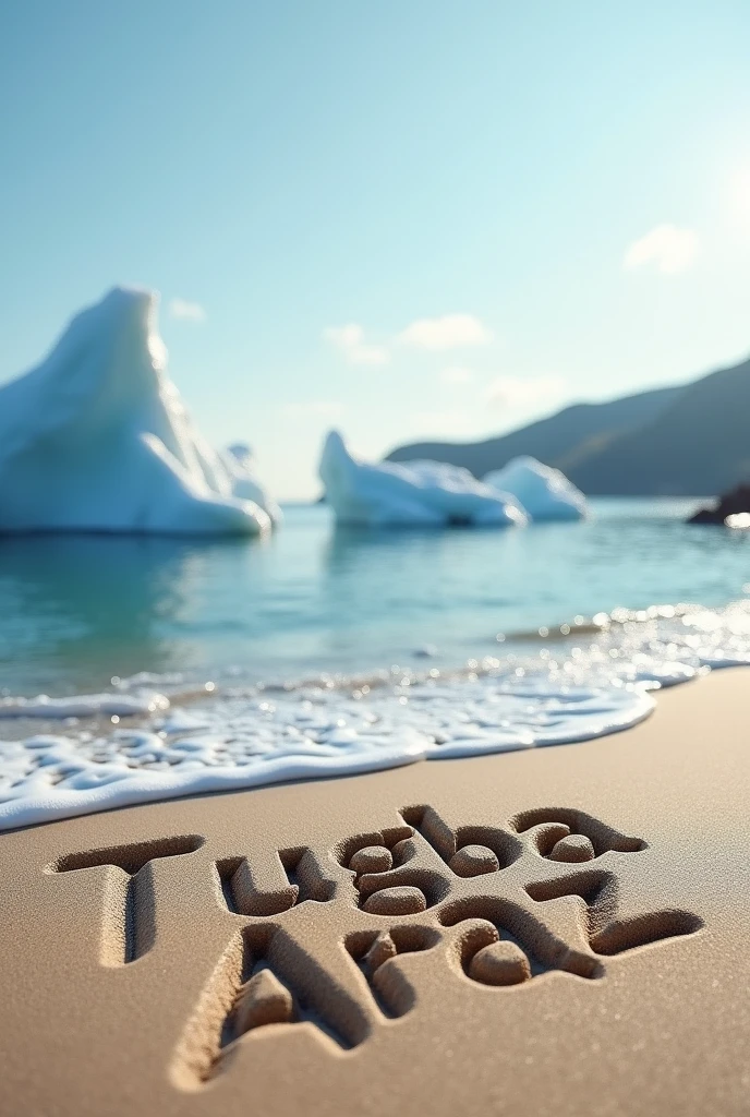 LET THERE BE SEA AND SAND IN FRONT OF THE SEA, AND LET "TUGBA ARAZ" BE WRITTEN ON THE SAND WITH A 3D LOGO. WRITE "GUNAYDIN" FROM THE GLACIERS IN THE MIDDLE OF THE SEA.