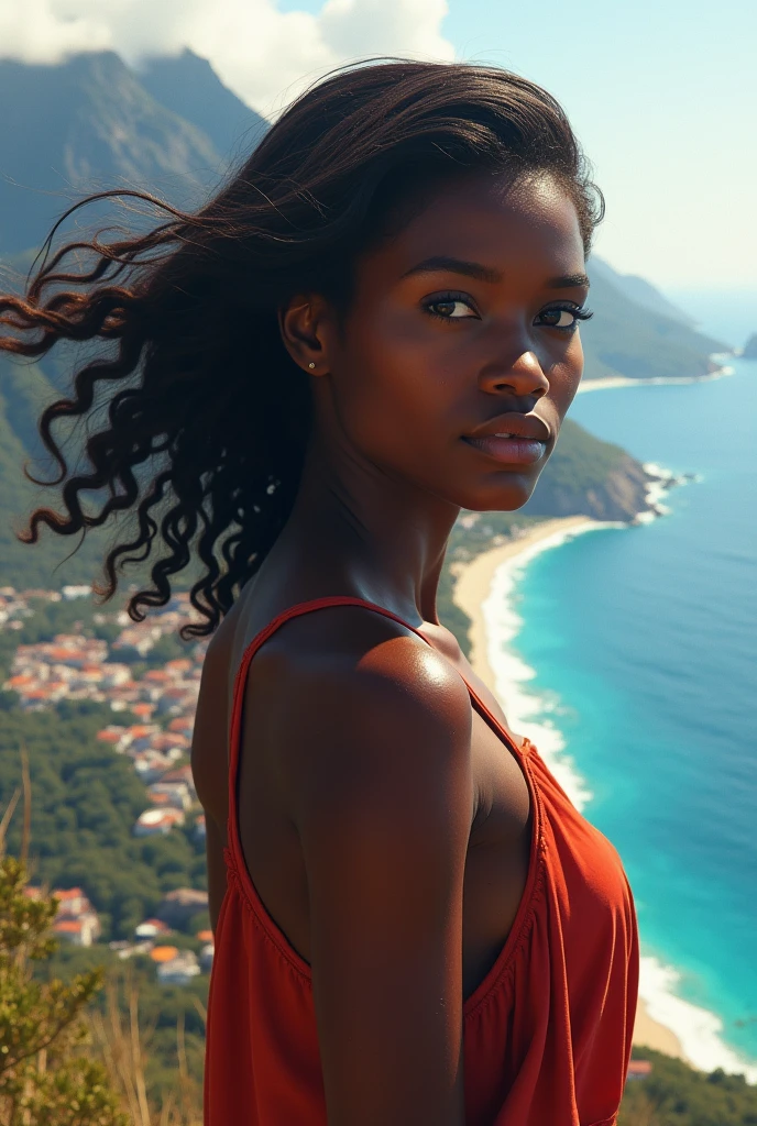 femme africaine sur le haut d'une montagne, le regard vers nous, cheveux au vent, jolie payage avec une ville au bord de mer
