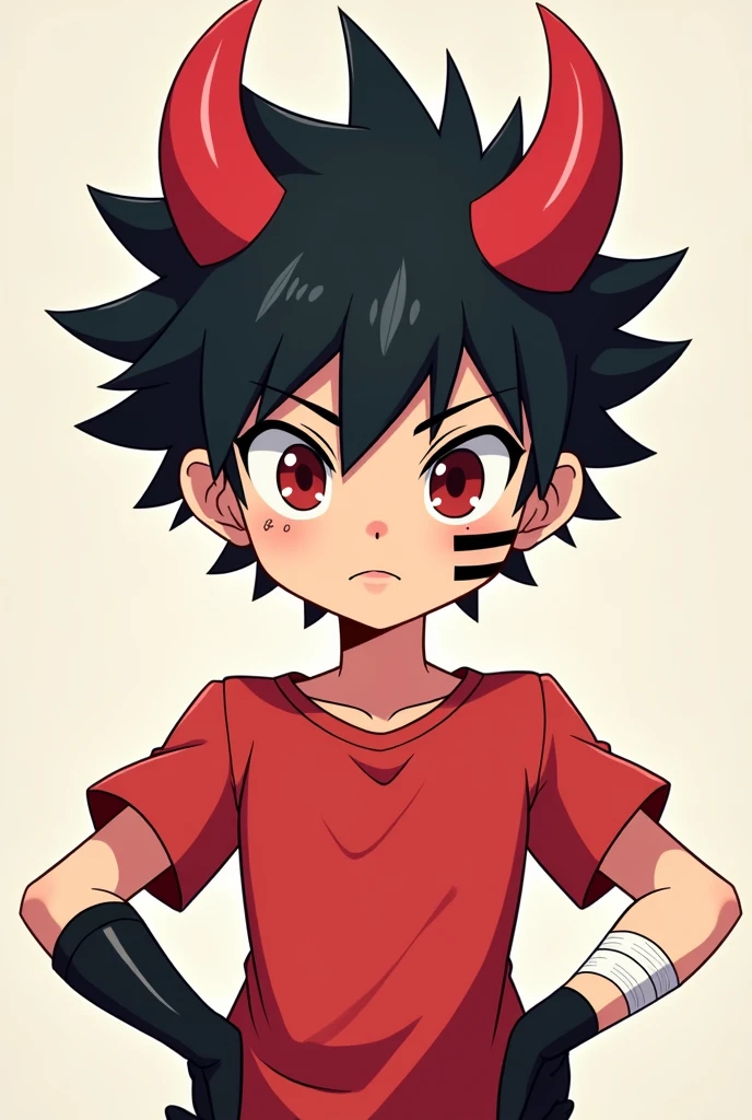 A male cartoon character with black, spiky hair, red horns, and black stripes., red shirt with bandaid on one arm, black gloves but no thumb gloves  