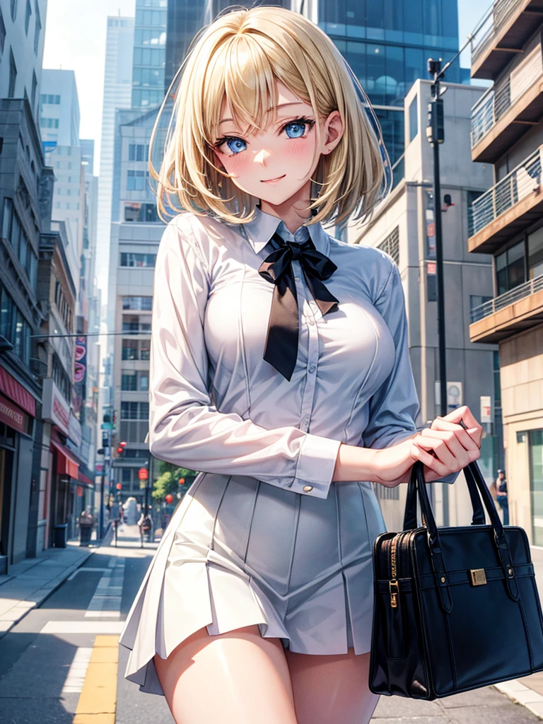 Anime style, super fine illustration, highly detailed, beautiful detailed, pale tone image, static representation, gentle expression, happy expression, 8k, pretty 1girl with blonde straight short hair & blue eyes & a bright smile & full bust & soft fair skin is wearing big white business shirt not to show her skin & black tight skirt & 1business bag, on the business building street, in the morning, brilliant particles of lights, happy stories, romantic stories, solo, perfect fingers, perfect arms, perfect legs, masterpiece.