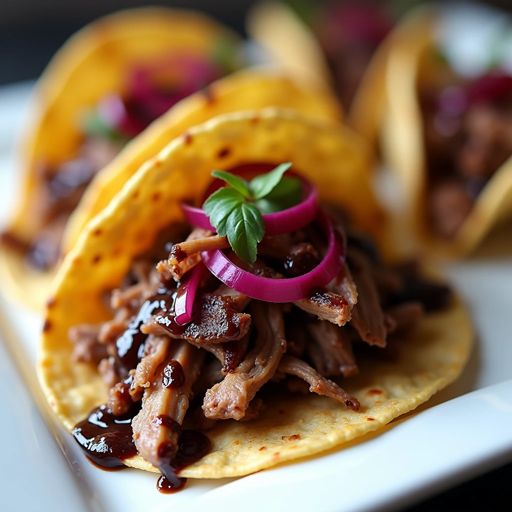 Duck Tacos with Chocolate and Ancho Chili Sauce: Tacos filled with shredded duck confit, with a rich dark chocolate and ancho chili sauce, and topped with pickled red onion.