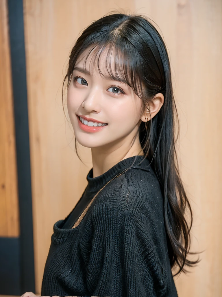 Very detailed、(8k、Highest quality、masterpiece:1.2)、(realism、Realistic:1.37)、Ultra-high resolution、Detailed face、(Highest quality)、(masterpiece)、 Super-Ultra-realistic、high quality、age 23、real Black Hair:1.5、sleek long hair、ponytail、Blunt bangs、swept bangs、double、(double teeth:1.5)、fair skin、squinched eyes、cold eyes、tsurime、smile、refreshing、Natural Makeup、Starbucks、wearing green apron on black knit、((wearing black knit:1.5、tight knit))、skinny pants、Mole、Starbucks Employee、looking back、slender、Height 150cm three size: 88.57.85