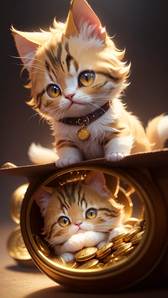 Cute little surreal cat、Munchkin、Adorable and fluffy、Cinematic Lighting Effects、Charm、very cute、Fantasy art、bokeh、Digital Painting、Soft lighting、4K resolution、 Photorealistic Rendering、Very detailed、A realistic masterpiece、Professional photography、gold、Gold coins、gold色、Gold light、Large and small gold coins、Real、Detailed depiction、Clear images