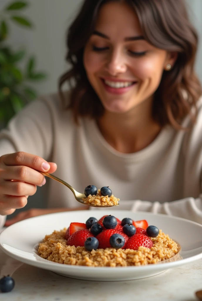 (photorealism:1.2)Color palette:
Person eating golden brown oatmeal (for cereals and granola)
bright red (for strawberries)
Navy blue (for blueberries)
Beige natural o blanco (for the fo