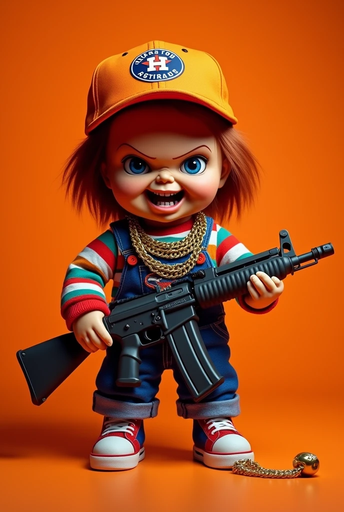 Chucky doll with orange Houston Astros cap, with several cuban link chains around his neck holding an ak-47, orange background in the image