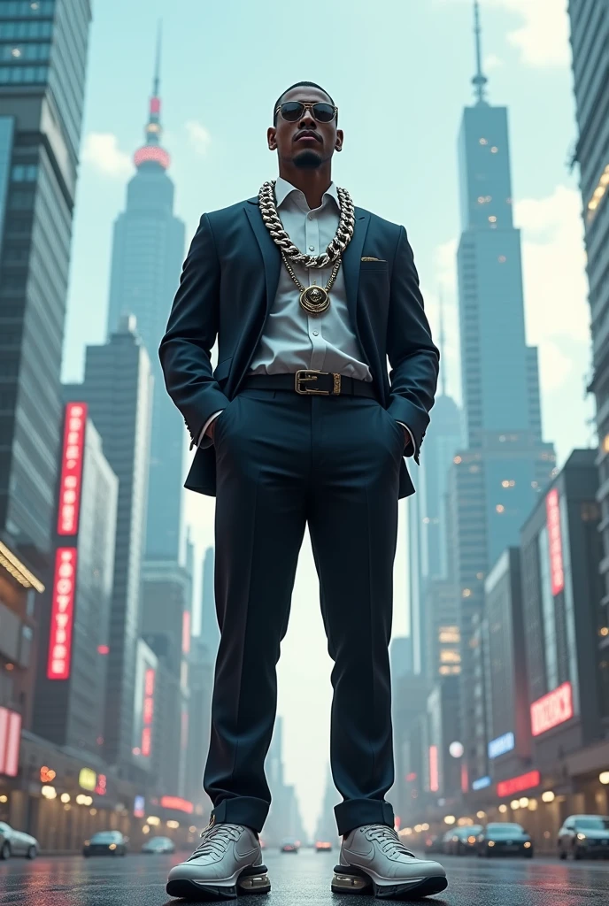 A man wearing a Nike sneaker and President's outfit and chain and futuristic city