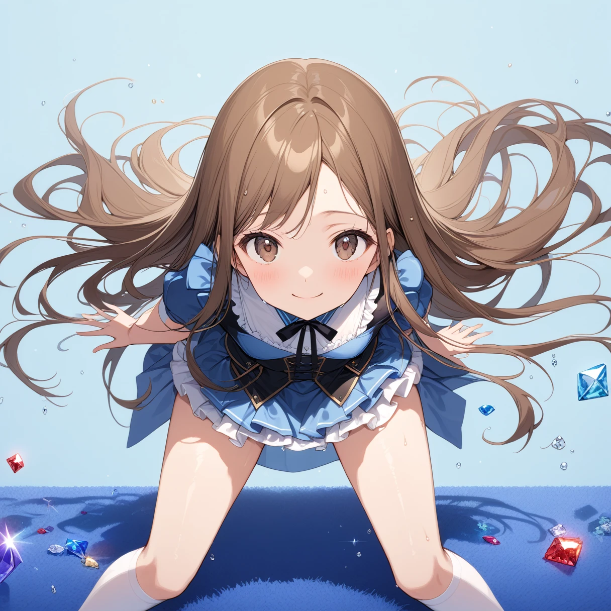 (masterpiece), (Highest quality), High resolution, (Very detailed), (Best illustrations), (Best Shadow), (so beautiful), (very cute), (Absurd), (Blue background), (Blue Room), (Blue carpet), round-shaped face, 
(Highly detailed face), Perfect limbs, Intricate details顔, 

（Minase Iori）,  girl, 
Dark brown hair, Long Hair, Long Hair, Amount of gemstones, Brown eyes, ribbonが付きのヘアーバンド, ribbonが付きヘアークリップ, 
Beautiful small breasts, Shyness, smile, Pitiful, Her behavior is very quiet., 
 
Perfect limbs, Perfect Anatomy, Thin legs, Intricate details, Five perfect fingers, One person, so beautiful少女, very cute少女,Big eyes, slender, Tight waist,  (White knee socks), 

Beautiful Skin, Wet, sexy,Charm, full body of a young girl, 
(One person、solo:1.3), Full Shot, 

Erotic, , 
Classical maid outfit, Short skirt, ribbon, 
Underwear with pink stripes, White frilly underwear, 小さいribbonが付いてる下着,

Beautiful legs standing with slightly open legs, View from the front and slightly below,