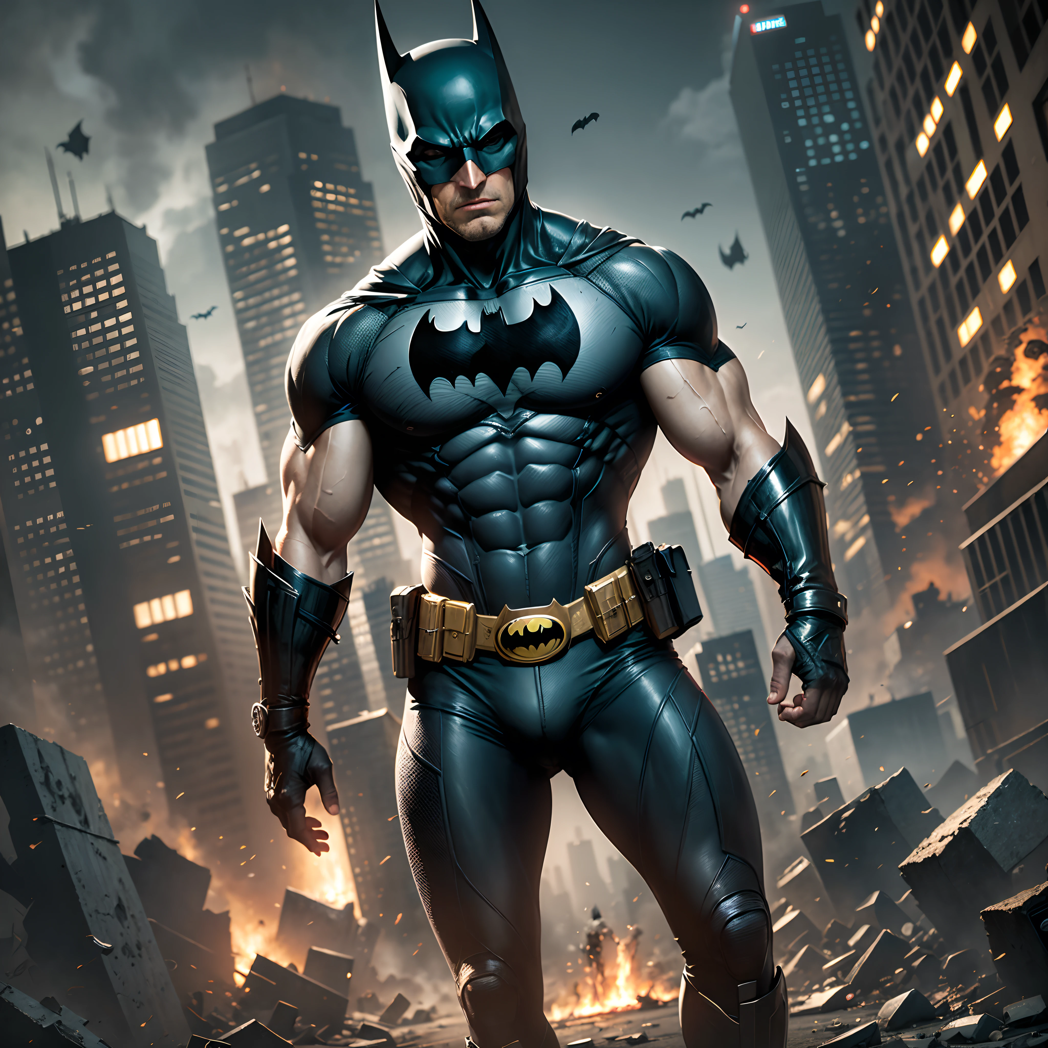 Batman fighting Jason Bourne in a burning, ruined city --auto --s2