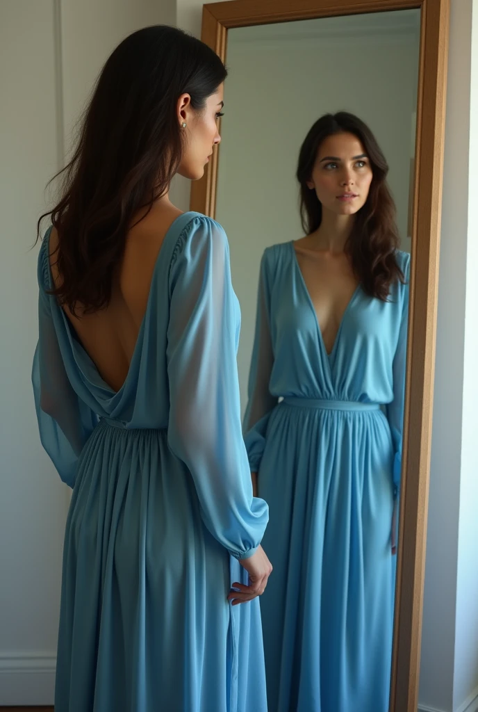 A woman standing in front of a large mirror looking at herself, thoughtfully, wearing a blue dress with long sleeves, covering her breasts, full body shot, realistic photography, photorealistic, HDR, sharp focus, professional, vivid colors, natural lighting