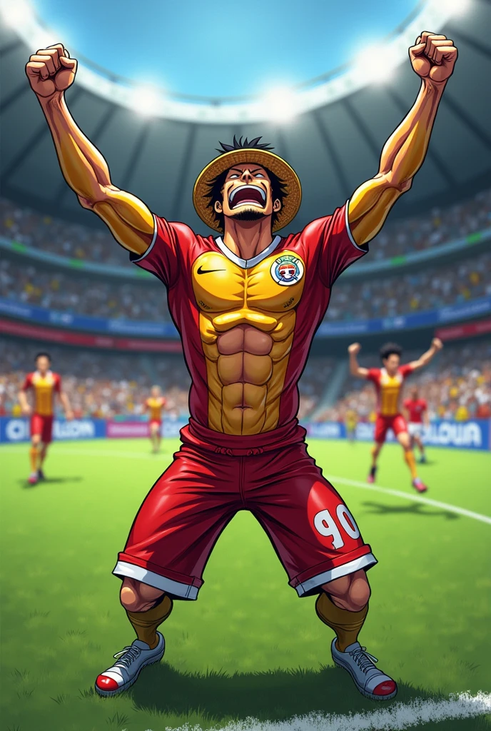 Hugo Souza, Corinthians player, in a celebratory pose after winning the penalty shootout, drawn in luffy's gear 4, main character of the anime one piece
