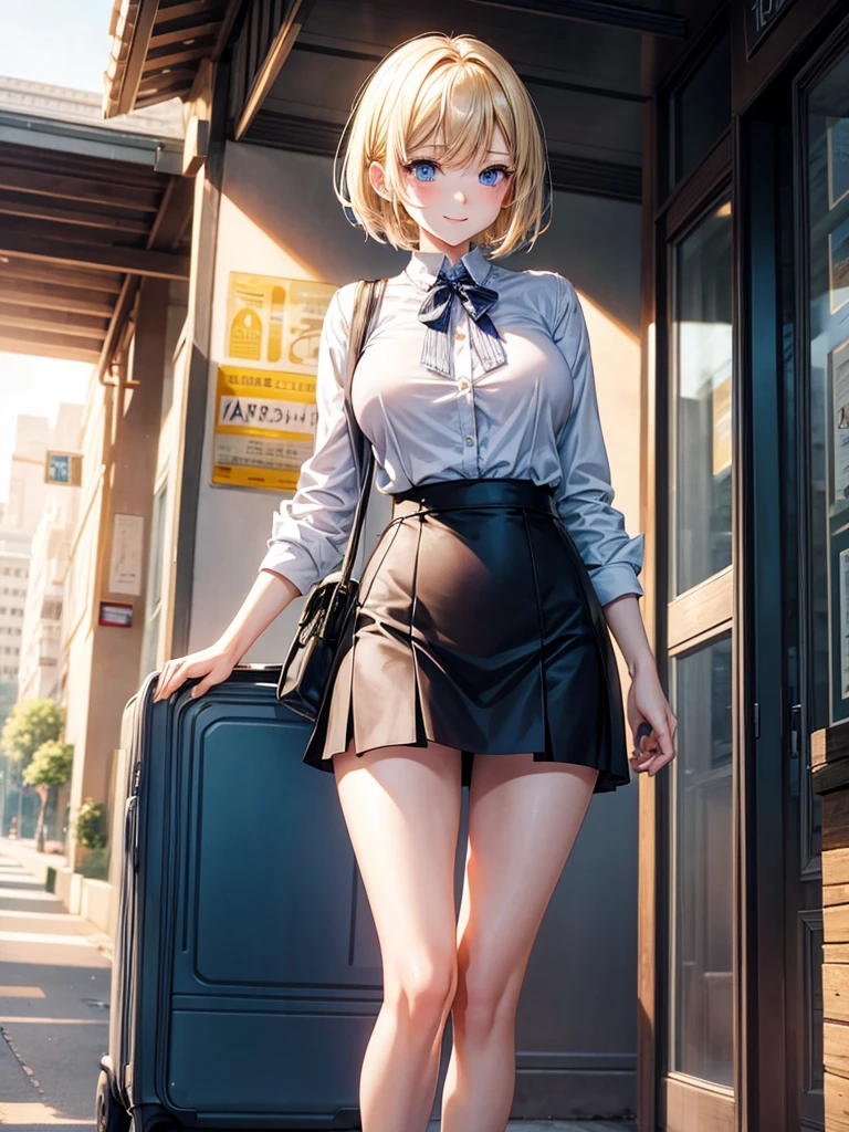 Anime style, super fine illustration, highly detailed, beautiful detailed, pale tone image, static representation, gentle expression, happy expression, 8k, pretty 1girl with blonde straight short hair & blue eyes & a bright smile & full bust & soft fair skin is wearing big white business shirt not to show her skin & black tight skirt & 1business bag, on the business building street, in the morning, brilliant particles of lights, happy stories, romantic stories, solo, perfect fingers, perfect arms, perfect legs, masterpiece.