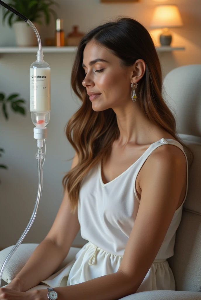 A lady doing IV Glutathione drip treatment