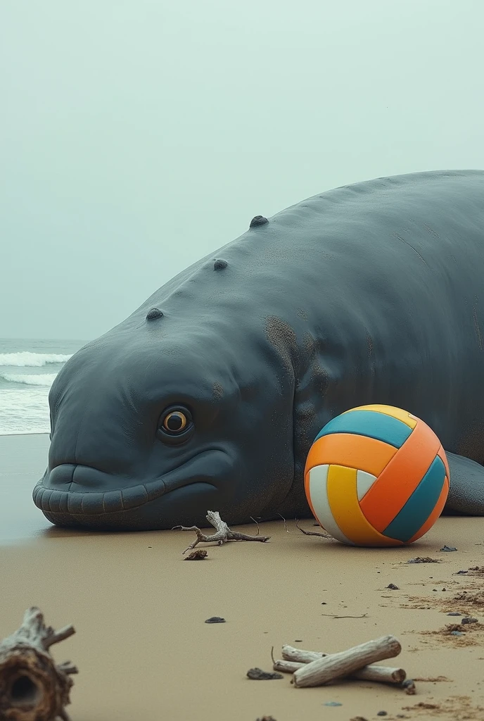 a beached whale with a volleyball on its side
.