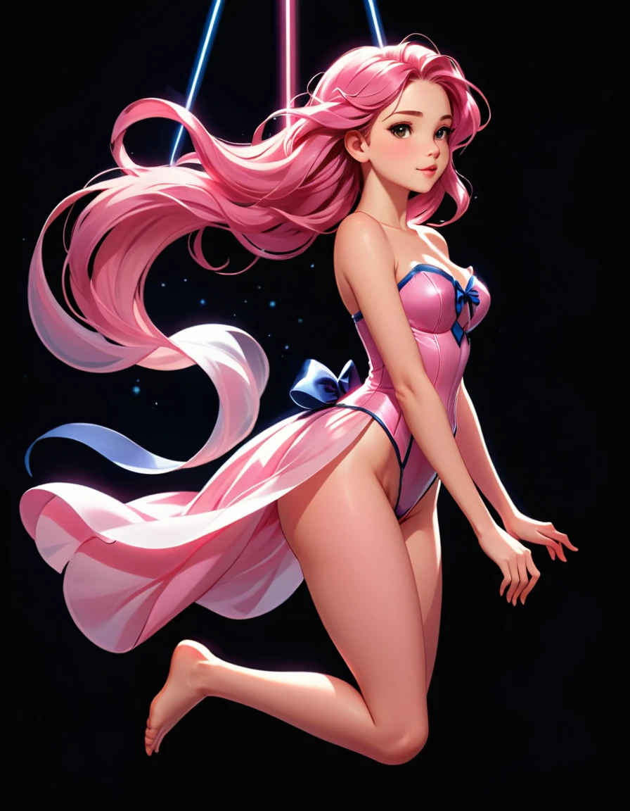 png white background, [subject], in the style of animated illustrations, [environment], full body, text-based --style raw --stylize 100
full body In a breathtakingly sharp 8K resolution, capture a stunning white woman suspended in mid-air against a stark, plain black background. Her long, wavy dark pink hair cascades down her back like a waterfall of nightfall hues. She wears a delicate light pink corset and a flowing ribbon dress that drapes elegantly around her form. A halo of light pink ribbons floats serenely around her, as if carried by an invisible breeze. Her hyper-detailed facial features shine with a gentle glow: rose-kissed cheeks, a  nose, and luscious pink pouty lips that seem to whisper secrets to the universe. The only splash of color is provided by her bare feet, which appear to defy gravity as she floats effortlessly in mid-air. full body. Masterpiece,