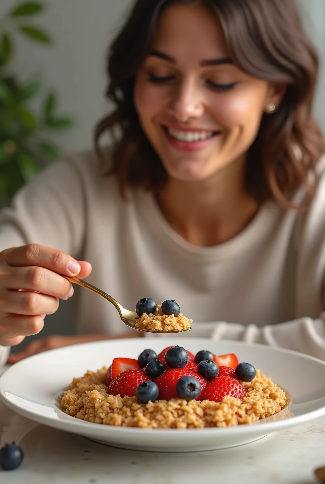 (photorealism:1.2)Color palette:
Person eating golden brown oatmeal (for cereals and granola)
bright red (for strawberries)
Navy blue (for blueberries)
Beige natural o blanco (for the fo