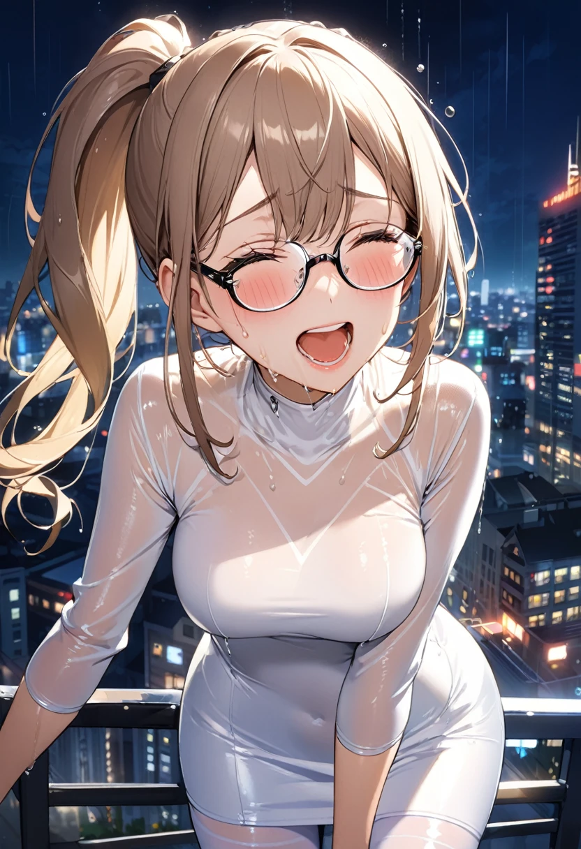 woman,,,city,night,(((White tight mini skirt bodysuit))),(Wet with sweat),Laughing with your mouth open((See through))Glasses,((Beautiful long ponytail)),((Girl's body type)),blush、Surprised face,(((Tentacles wrap around the body)))Violated by tentacles, ai-generated,