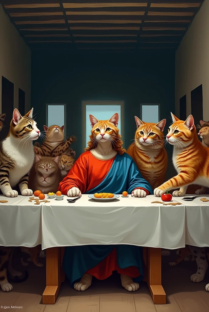 a reinterpretation of the painting of the Last Supper where EVERYONE IS A CATS EVERYONE EVERYTHING IS A CAT CAT CAT CAT CAT NO PEOPLE CATS ONLY CATS EVEN JESUS BECAME A CAT THIS TABLE IS FULL OF CATS JESUS IS NOW A CAT A FELINE EVERYONE IS A CATS CATS FELINES CATS JESUS IS A CAT JESUS BECAME A FELINE A CAT 
