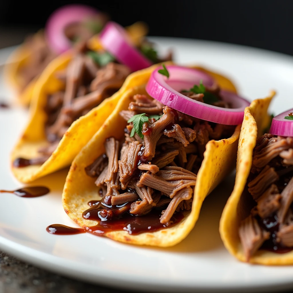 Duck Tacos with Chocolate and Ancho Chili Sauce: Tacos filled with shredded duck confit, with a rich dark chocolate and ancho chili sauce, and topped with pickled red onion.