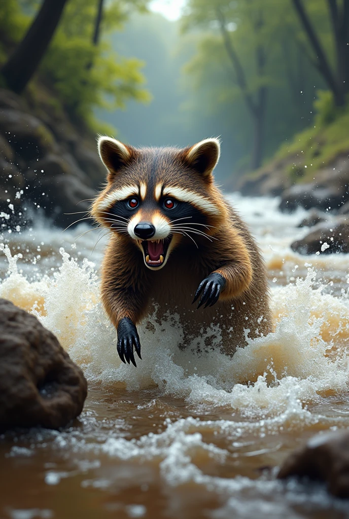 the current of a river carries away the raccoon