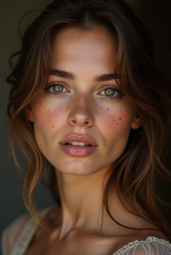 Portrait dune femme fait avec l’appareil photo D850. La femme est brune avec des cheuveux brun avec des reflets clair des yeux noisette en amande et de long cil. Elle doit aussi avoir des taches de rousseur